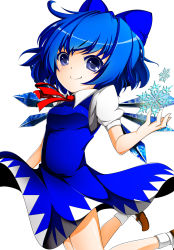 Rule 34 | 1girl, abuto5523, ankle socks, bad id, bad pixiv id, blue eyes, blue hair, bow, cirno, dress, hair bow, hand up, highres, legs folded, looking at viewer, mary janes, matching hair/eyes, open hand, ribbon, shoes, short hair, short sleeves, simple background, smile, snowflakes, socks, solo, touhou, white background, wings