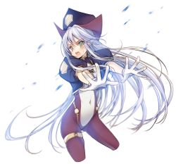 Rule 34 | 1girl, blush, bodysuit, gloves, green eyes, hat, long hair, open mouth, original, outstretched hand, simple background, solo, sweatdrop, very long hair, white hair, yamucha
