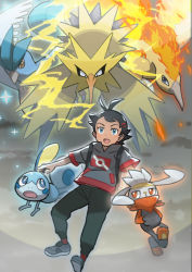 Rule 34 | 1boy, absurdres, antenna hair, articuno, black hair, black pants, blue eyes, commentary request, creatures (company), electricity, fire, game freak, gen 1 pokemon, gen 8 pokemon, goh (pokemon), hair ornament, hairclip, highres, legendary pokemon, moltres, nintendo, open mouth, outstretched arms, pants, pokemon, pokemon (anime), pokemon (creature), pokemon journeys, raboot, shake shark3, shoes, short sleeves, sobble, sparkle, tongue, zapdos