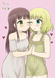 Rule 34 | 2girls, aqua eyes, bare shoulders, blonde hair, blunt bangs, blush, breasts, brown hair, cheek-to-cheek, cleavage, closed mouth, collarbone, commentary request, cowboy shot, dated, dress, eye contact, flat chest, gochuumon wa usagi desu ka?, green eyes, grey dress, hand on another&#039;s hip, heads together, heart, highres, holding hands, interlocked fingers, karigane yuuma, kirima syaro, lingerie, long hair, looking at another, multiple girls, nightgown, off shoulder, open mouth, pink background, short hair, small breasts, smile, standing, ujimatsu chiya, underwear, wavy hair, yellow dress, yuri
