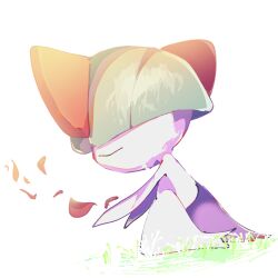 Rule 34 | 1other, blunt bangs, bowl cut, child, closed mouth, colored skin, covered eyes, creatures (company), falling petals, from side, full body, game freak, gen 3 pokemon, grass, green hair, hair over eyes, highres, nintendo, other focus, petals, pokemon, pokemon (creature), ralts, shiraha (siraha 79), short hair, simple background, solo, standing, white background, white skin