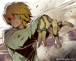 Rule 34 | 1boy, blonde hair, blood, blood on clothes, chain, expressionless, fingernails, foreshortening, hotaruika niji, hunter x hunter, kurapika, light particles, long sleeves, looking away, looking to the side, male focus, medium hair, red eyes, shirt, sidelocks, sleeve cuffs, solo, upper body, white shirt
