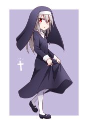 Rule 34 | 1girl, :o, absurdres, commentary, cross, dress, elena trafalgar, full body, habit, highres, ikune juugo, jewelry, long dress, mary janes, necklace, nun, original, red eyes, shoes, silver hair, simple background, skirt hold, solo