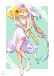 Rule 34 | 1girl, absurdres, alternate hair color, commentary request, dress, flower, full body, hair ribbon, hat, highres, kantai collection, long hair, looking at viewer, orange hair, ponytail, ribbon, shanghmely, signature, sleeveless, sleeveless dress, solo, sun hat, sundress, sunflower, toeless footwear, two-tone background, very long hair, white dress, white hat, yellow eyes, yura (kancolle)