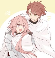 Rule 34 | 2boys, armor, astolfo (fate), cape, fate/apocrypha, fate/grand order, fate (series), hug, kan&#039;yu (citron 82), long hair, male focus, multiple boys, open mouth, pink hair, ponytail, short hair, smile, trap
