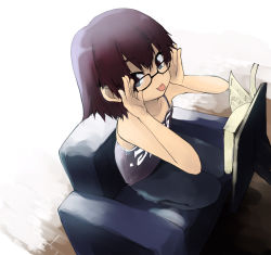 Rule 34 | 1girl, :p, adjusting eyewear, atahuta, bad id, bad pixiv id, book, brown eyes, brown hair, camisole, chair, copyright request, glasses, looking at viewer, open book, seiza, short hair, sitting, solo, tongue, tongue out