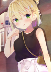 Rule 34 | 1girl, :d, bag, bare arms, bare shoulders, black shirt, blonde hair, blush, breasts, collarbone, copyright request, green eyes, hair between eyes, hair bun, hand up, highres, indoors, looking at viewer, medium breasts, multicolored hair, open mouth, pink hair, segaxtu, shirt, shoulder bag, skirt, sleeveless, sleeveless shirt, smile, solo, streaked hair, white skirt