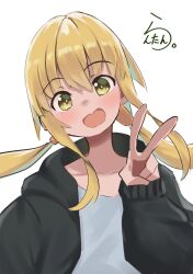 Rule 34 | 1girl, alternate costume, black jacket, blonde hair, head tilt, highres, jacket, kantai collection, lanthan, long hair, long sleeves, looking at viewer, low twintails, one-hour drawing challenge, open mouth, satsuki (kancolle), shirt, simple background, solo, twintails, v, white background, white shirt, yellow eyes