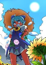Rule 34 | &gt;:), 1girl, ahoge, baba (baba seimaijo), blue bow, blue dress, blue eyes, blue hair, blue sky, blurry, bow, cirno, cowboy shot, day, depth of field, dress, flat color, flower, grin, hair bow, hands on own hips, hat, hidden star in four seasons, highres, looking at viewer, morning glory, plant, puffy short sleeves, puffy sleeves, short hair, short sleeves, sky, smile, solo, straw hat, sun, sun hat, sunflower, tan, tanned cirno, touhou, v-shaped eyebrows, vines