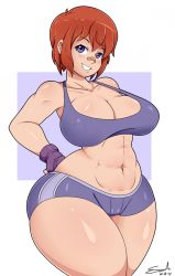 Rule 34 | 1girl, abs, bandages, bandaid, blush, breasts, curvy, gloves, grin, highres, large breasts, looking at viewer, maken-ki!, mehdrawings, midriff, navel, purple eyes, red hair, shinatsu azuki, smile, solo, thick thighs, thighs, wide hips