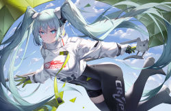 Rule 34 | 1girl, aqua eyes, aqua hair, asymmetrical legwear, black bodysuit, black gloves, black thighhighs, blue eyes, blue hair, blue sky, bodysuit, boots, breasts, closed mouth, cloud, confetti, covered navel, cropped jacket, crossed bangs, crypton future media, expressionless, flag, flagpole, floating, floating hair, gloves, goodsmile racing, green gloves, hair between eyes, hair ornament, hatsune miku, headgear, highres, holding, holding flag, jacket, light blue hair, long hair, looking at viewer, medium breasts, official alternate costume, print jacket, race queen, racing miku, racing miku (2022), single thighhigh, sky, smiley face, solo, ten-u, thigh boots, thighhighs, tight clothes, twintails, two-tone gloves, vocaloid, white jacket