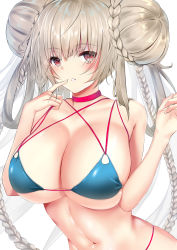 Rule 34 | 1girl, alternate costume, azur lane, bad id, bad pixiv id, bikini, blue bikini, blush, braid, breasts, choker, cleavage, double bun, formidable (azur lane), formidable (the lady of the beach) (azur lane), hair bun, hand up, highres, large breasts, long hair, looking at viewer, navel, parted lips, red eyes, sidelocks, simple background, skindentation, solo, swimsuit, user vjpu3345, very long hair, white background