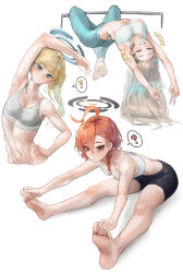 Rule 34 | !, 3girls, ?, absurdres, ahoge, aqua pants, asuna (blue archive), barefoot, bike shorts, black shorts, blonde hair, blue archive, blue eyes, blue halo, blush, braid, breasts, closed eyes, closed mouth, ggz (gguzal 95), grey sports bra, grin, halo, highres, huge ahoge, large breasts, light brown hair, long hair, mole, mole under eye, multiple girls, navel, neru (blue archive), orange hair, pants, red eyes, short hair, shorts, single braid, small breasts, smile, soles, spoken exclamation mark, spoken question mark, sports bra, stretching, toes, toki (blue archive)