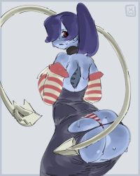 Rule 34 | 1girl, ass, blue hair, blue skin, blush, colored skin, detached collar, detached sleeves, from behind, highres, khentart, leviathan (skullgirls), panties, skullgirls, solo, squigly (skullgirls), striped clothes, striped panties, striped sleeves, sweat, tagme, torn clothes, underwear, zombie