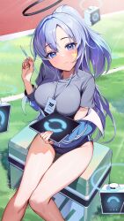 Rule 34 | 1girl, black shirt, blue archive, blue buruma, blue eyes, breasts, buruma, closed mouth, drone, facial mark, halo, highres, holding, holding pen, kainown, large breasts, long hair, looking at viewer, mechanical halo, official alternate costume, pen, ponytail, purple hair, shirt, short sleeves, sitting, solo, star (symbol), yuuka (blue archive), yuuka (track) (blue archive)