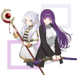Rule 34 | 2girls, absurdres, black jacket, blunt bangs, closed mouth, cowboy shot, fern (sousou no frieren), frieren, green eyes, highres, holding, holding staff, jacket, long hair, long sleeves, looking at viewer, mo (mo80 rr), multiple girls, pointy ears, purple eyes, purple hair, serious, short eyebrows, simple background, sousou no frieren, staff, thick eyebrows, white hair
