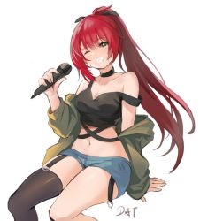 Rule 34 | 1girl, bare legs, bare shoulders, black thighhighs, breasts, chucolala, da-cart, eyebrows hidden by hair, green eyes, hair between eyes, hair ribbon, hiseki erio, holding, holding microphone, jacket, leg belt, long hair, looking at viewer, medium breasts, microphone, one eye closed, open mouth, ponytail, red hair, ribbon, shoes, shorts, sitting, smile, solo, teeth, thighhighs, vest, virtual youtuber