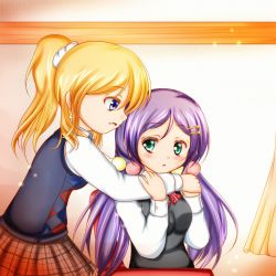 Rule 34 | 2girls, :o, aqua eyes, artist name, artist request, ayase eli, black sweater vest, blonde hair, blush, bow, breasts, checkered clothes, checkered skirt, collared shirt, female focus, green eyes, hair bobbles, hair ornament, hairclip, half-closed eyes, high ponytail, highres, holding, hug, indoors, long hair, long sleeves, long twintails, looking at viewer, love live!, love live! school idol festival, love live! school idol project, low twintails, medium breasts, multiple girls, parted lips, pom pom (clothes), pom pom hair ornament, ponytail, purple hair, red bow, red skirt, scrunchie, shirt, short sleeves, skirt, smile, star (symbol), star hair ornament, striped, striped bow, sweater, sweater vest, tojo nozomi, twintails, white scrunchie, white shirt