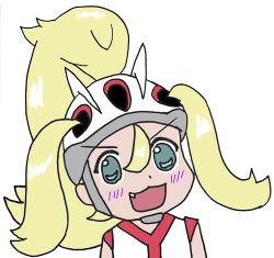 Rule 34 | 10s, 1girl, bicycle helmet, blonde hair, blush, commentary request, creatures (company), dot nose, fang, flat color, game freak, grey eyes, gyate gyate, gym leader, helmet, korrina (pokemon), nintendo, open mouth, pokemon, pokemon xy, solo