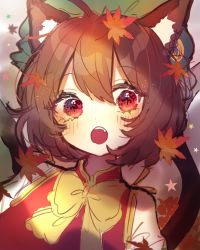 Rule 34 | 1girl, :o, animal ear fluff, animal ears, blush, brown hair, cat ears, chen, chikuwa (tikuwaumai ), chinese clothes, earrings, falling leaves, fang, green hat, hand up, happy, hat, highres, jewelry, leaf, maple leaf, mob cap, multiple tails, open mouth, red vest, shirt, short hair, sidelocks, single earring, solo, star (symbol), tail, teeth, touhou, two tails, upper body, vest, white shirt, yellow neckwear