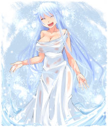 Rule 34 | 1girl, ^ ^, aoshima, bare shoulders, blue hair, breasts, cleavage, closed eyes, dress, closed eyes, highres, large breasts, long hair, open mouth, original, see-through, smile, solo, very long hair, white dress
