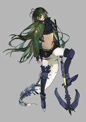 Rule 34 | 1girl, aonogura, arknights, belt, belt pouch, black footwear, black gloves, black shirt, black shorts, black thighhighs, blood, blood on face, boots, breasts, closed mouth, commentary, crocodilian tail, crop top, crossed bangs, fingerless gloves, floating hair, full body, gavial (arknights), gavial (combat medic) (arknights), gloves, green hair, green jacket, grey background, grin, hair between eyes, head tilt, highres, jacket, knee up, long hair, long sleeves, looking at viewer, material growth, medium breasts, navel, official alternate costume, open clothes, open jacket, oripathy lesion (arknights), pointy ears, pouch, sharp teeth, shirt, short shorts, shorts, simple background, smile, solo, staff, steel-toe boots, stomach, tail, teeth, thigh boots, thighhighs, thighhighs under boots, thighs, white thighhighs, yellow belt, yellow eyes, zettai ryouiki