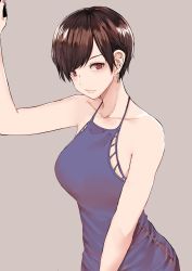 Rule 34 | 1girl, bare shoulders, blue dress, breasts, brown hair, dress, earrings, grey background, highres, jewelry, large breasts, looking at viewer, no bra, norman maggot, olive laurentia, original, pixie cut, red eyes, short hair, simple background, solo, spaghetti strap, swept bangs, upper body