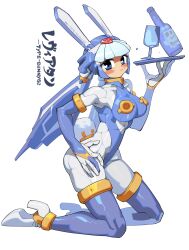 Rule 34 | 1girl, andorlier, android, blue bridal gauntlets, blue eyes, blue helmet, blue leotard, blush, bottle, breasts, bridal gauntlets, fairy leviathan (mega man), forehead jewel, full body, glass, heart, heart in eye, highres, holding, holding tray, large breasts, leotard, mega man (series), mega man zero (series), playboy bunny, robot girl, solo, symbol in eye, tray