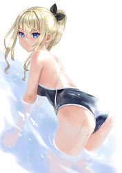 Rule 34 | 1girl, all fours, black ribbon, black one-piece swimsuit, blonde hair, blue eyes, competition swimsuit, dutch angle, hair ribbon, katahira masashi, long hair, looking at viewer, one-piece swimsuit, original, ribbon, school swimsuit, simple background, soaking feet, solo, swimsuit, white background