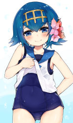 Rule 34 | 1girl, absurdres, blue eyes, blue hair, blue sailor collar, clothes lift, creatures (company), flower, game freak, hair flower, hair ornament, hairband, highres, kyuusetsu, lana (pokemon), looking at viewer, nintendo, one-piece swimsuit, pokemon, pokemon sm, sailor collar, school swimsuit, shirt lift, short hair, sleeveless, smile, solo, standing, swimsuit, swimsuit under clothes, trial captain, wet, wet clothes