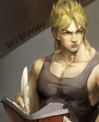 Rule 34 | 1boy, blonde hair, book, character name, dio brando, highres, holding, holding quill, jojo no kimyou na bouken, kuchijuu, male focus, quill, red eyes, solo, tank top