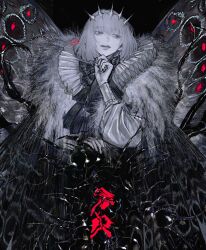 Rule 34 | 1boy, au (d elete), butterfly wings, cape, diamond hairband, empty eyes, fate/grand order, fate (series), frills, fur-trimmed cape, fur trim, greyscale, hand on own chin, highres, insect wings, light smile, looking to the side, male focus, medium hair, monochrome, oberon (fate), parted lips, solo, spot color, teeth, upper body, upper teeth only, wings