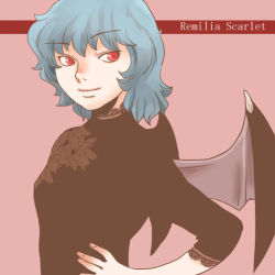 Rule 34 | alternate costume, bad id, bad pixiv id, bat wings, blue hair, character name, frilled sleeves, frills, onikobe rin, red eyes, remilia scarlet, short hair, simple background, solo, touhou, wings
