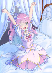 Rule 34 | 1girl, absurdres, arms up, back bow, bed, blue stripes, bow, breasts, candy hair ornament, canopy bed, cleavage, collar, crescent, crescent necklace, dress, dress bow, food-themed hair ornament, frilled dress, frilled pillow, frills, from above, full body, gradient hair, green eyes, hair between eyes, hair ornament, hair rings, highres, himemori luna, hololive, indoors, jewelry, long hair, looking at viewer, medium breasts, miyagi yuki, multicolored hair, necklace, no shoes, on bed, one eye closed, open mouth, outstretched arms, pillow, pink dress, pink hair, princess, red stripes, short sleeves, sideways glance, sitting, solo, stretching, striped bow, striped clothes, striped thighhighs, tears, teeth, thighhighs, tongue, upper teeth only, virtual youtuber, wariza, wavy hair, white collar, white stripes, yawning