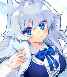 Rule 34 | 1girl, absurdres, animal ear fluff, animal ears, blue eyes, blush, bow, bowtie, breasts, close-up, collared shirt, commentary, english commentary, fang, hair between eyes, highres, indie virtual youtuber, kurimochi chizuru, large breasts, long hair, long sleeves, looking at viewer, lumi (merryweather), second-party source, shirt, silver hair, simple background, skin fang, smile, virtual youtuber, white background, white shirt, wolf ears, wolf girl