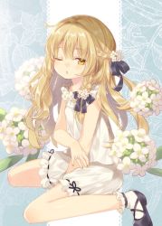 Rule 34 | 1girl, ;o, arm between legs, bare arms, black ribbon, black socks, blonde hair, bloomers, blue background, blush, bouquet, braid, breasts, commentary request, eyelashes, fingernails, flower, french braid, hair flower, hair ornament, hair ribbon, jewelry, kirisame marisa, leaf, long hair, looking at viewer, mary janes, mimi (mimi puru), no headwear, one eye closed, open mouth, pantylines, ribbon, ribbon trim, ring, shoes, sidelocks, single braid, sitting, small breasts, socks, solo, touhou, tress ribbon, underwear, wariza, white flower, white socks, yellow eyes