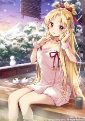 Rule 34 | 1girl, :d, artist name, blonde hair, blush, breasts, cleavage, collarbone, commentary request, copyright name, cup, green tea, hair ornament, hairclip, head tilt, long hair, looking at viewer, medium breasts, naked towel, nyanya, official art, onsen, open mouth, red eyes, sid story, sitting, smile, snow, snow rabbit, snowing, snowman, soaking feet, solo, tea, towel, very long hair, water, yunomi