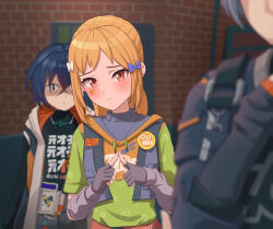 &lt;|&gt;_&lt;|&gt; 1boy 2girls belle_(zenless_zone_zero) blonde_hair blurry blush bow brick_wall brown_eyes closed_mouth commentary depth_of_field english_commentary fingerless_gloves furrowed_brow gloves grey_gloves grey_sweater hair_bow heddy_(zenless_zone_zero) highres index_fingers_together indoors jealous luizhtx multiple_girls running_bond shaded_face solo_focus sweater upper_body wise_(zenless_zone_zero) zenless_zone_zero