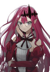 Rule 34 | 1girl, absurdres, adjusting eyewear, ascot, baobhan sith (fate), baobhan sith (first ascension) (fate), bare shoulders, black headwear, black ribbon, center frills, closed mouth, ddukbaegihunt, detached collar, detached sleeves, dress, fate/grand order, fate (series), frills, glasses, grey eyes, hair between eyes, hair ornament, highres, long hair, looking at viewer, nail polish, neck ribbon, pink hair, pointy ears, red dress, red sleeves, ribbon, sidelocks, simple background, sleeveless, sleeveless dress, smile, solo, strapless, strapless dress, tiara, upper body, very long hair, white background, white neckwear