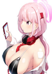 Rule 34 | 1girl, bandaid, bandaid on shoulder, between breasts, bikini, black bikini, blue archive, breasts, cellphone, commentary request, eimi (blue archive), halo, headphones, headphones around neck, highres, holding, holding phone, huge breasts, long hair, meth (emethmeth), necktie, necktie between breasts, neckwear between breasts, off shoulder, phone, pink hair, purple eyes, simple background, smartphone, solo, swimsuit, upper body, white background, zipper, zipper pull tab