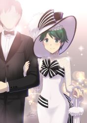 1boy 1girl alternate_costume black_neckwear bow bowtie breasts dress faceless faceless_male green_eyes green_hair hat kantai_collection long_sleeves mogami_(kancolle) nao_(nao_eg) short_hair small_breasts smile swept_bangs tuxedo white_dress white_headwear