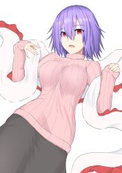 Rule 34 | 1girl, alternate costume, black skirt, commentary request, gnlo, hair between eyes, highres, long sleeves, looking at viewer, lying, nagae iku, no headwear, on back, open mouth, pink sweater, purple hair, red eyes, ribbed sweater, shawl, short hair, simple background, sketch, skirt, solo, sweater, touhou, turtleneck, turtleneck sweater, white background