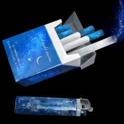 Rule 34 | black background, blue theme, cigarette, cigarette pack, commentary request, crescent print, english text, highres, light particles, lighter, no humans, original, simple background, smoke, starry sky print, still life, translation request, yasuta kaii32i
