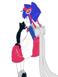 Rule 34 | . ., 1girl, :&lt;, animal, animal ears, animal on lap, back bow, bad drawr id, bad id, bell, black cat, black eyes, blue hair, blunt bangs, bow, cat, cat ears, cat on lap, closed mouth, colored eyelashes, dark blue hair, drawr, expressionless, from behind, from side, grey bow, hair bell, hair ornament, hair ribbon, holding, holding animal, holding cat, invisible chair, jaggy lines, japanese clothes, jingle bell, kimono, kwgt, legs together, limited palette, long sleeves, looking away, looking down, multicolored clothes, multicolored kimono, obi, oekaki, on lap, original, profile, red ribbon, ribbon, sash, shide, shide hair ornament, short hair, simple background, sitting, sketch, tabi, tareme, white background, white sleeves, wide sleeves
