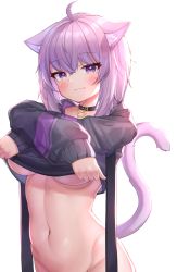 Rule 34 | 1girl, :3, absurdres, ahoge, animal ear fluff, animal ears, blush, bottomless, breasts, cat ears, cat girl, cat tail, closed mouth, commentary request, deaver, highres, hololive, hood, hood down, hoodie, lifting own clothes, long sleeves, looking at viewer, medium breasts, medium hair, navel, nekomata okayu, nekomata okayu (1st costume), no bra, purple eyes, purple hair, simple background, smile, solo, tail, underboob, virtual youtuber, white background