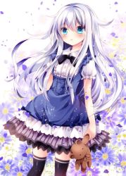 Rule 34 | 10s, 1girl, black thighhighs, blue eyes, blush, bow, bowtie, dress, floating hair, floral background, flower, frilled dress, frills, hibiki (kancolle), jpeg artifacts, kantai collection, long hair, nogi takayoshi, parted lips, petals, pinafore dress, puffy short sleeves, puffy sleeves, shirt, short sleeves, silver hair, sleeveless dress, solo, stuffed animal, stuffed toy, teddy bear, thighhighs, white shirt