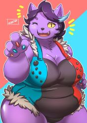 Rule 34 | 1girl, black hair, breasts, cat, catty (undertale), fat, furry, huge breasts, nintendo switch, ocaritna, one eye closed, open mouth, short hair, thick thighs, undertale, wide hips, wink