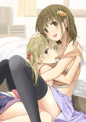Rule 34 | 2girls, bad id, bad pixiv id, bare arms, bed, black legwear, blonde hair, breasts, brown hair, carrot, carrot hair ornament, clothes lift, collarbone, food-themed hair ornament, from side, hair bobbles, hair ornament, hand on another&#039;s head, hug, indoors, knees together feet apart, long hair, looking at viewer, mouth hold, multiple girls, open mouth, original, short hair, shorts, sideboob, skirt, skirt lift, sleeveless, small breasts, smile, strap slip, thighhighs, thighs, twintails, yoropa, yuri