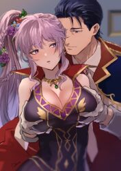 Rule 34 | 1boy, 1girl, absurdres, blush, breasts, cleavage, collarbone, commission, commissioner upload, cosplay, couple, fire emblem, fire emblem: genealogy of the holy war, fire emblem heroes, flower, gloves, grabbing, grabbing another&#039;s breast, hair flower, hair ornament, hetero, highres, ishtar (fire emblem), ishtar (fire emblem) (echoing thunder), jewelry, large breasts, necklace, nintendo, official alternate costume, onohito, purple eyes, purple hair, reinhardt (fire emblem), reinhardt (thrud reborn) (fire emblem)