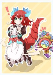 Rule 34 | !, 1girl, aged down, apron, blush, clock, comic, dragon, dragon horns, dragon tail, dress, duel monster, floating, full body, gloves, green eyes, hands on own chest, highres, holding, holding wand, horns, jigenshin, juliet sleeves, kitchen dragonmaid, long sleeves, maid, medium hair, puffy sleeves, red hair, smoke, tail, time wizard, wand, white gloves, yu-gi-oh!